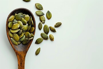 Wall Mural - Pumpkin seeds on a white background in a spoon