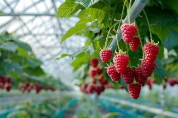 Wall Mural - Raspberries grown in greenhouse for commercial production develop on canes in a two year cycle