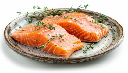 Wall Mural - Raw salmon fillet steaks with herbs on a white plate