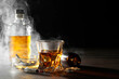 © New Africa - Alcohol and drug addiction. Whiskey in glass, syringe, pills and cigarettes on wooden table, space for text