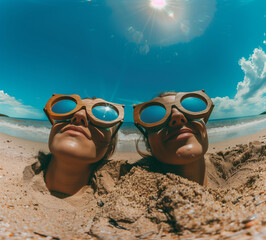 Wall Mural - Enjoying the beach with wooden-framed sunglasses.Minimal creative summer vacation concept.Flat lay