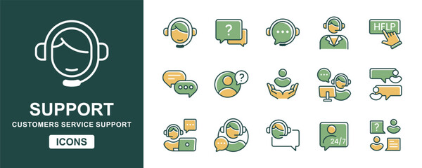 Poster - virtual online client support assistance icon vector set customers care assistant service business technical help signs illustration for web and app