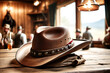 An Illustration of a leather cowboy hat on the table in the saloon, image by generative AI