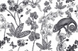 Orchids and chameleon. Seamless floral pattern. Black and white Vintage background. Vector