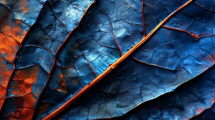 Canvas Print - Vivid macro texture of a leaf with blue and orange hues revealing intricate details.