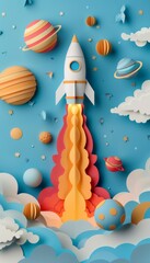 Wall Mural - rocket launch among colorful planets and stars in a stylized universe. startup concept