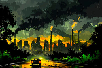 A dramatic 3D illustration of a car driving on a highway during a rainy night with a cityscape and factory pollution in the backdrop