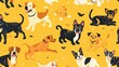 Playful dogs and cats in a seamless pattern, cheerful yellow background, perfect for a pet care magazine cover, from above