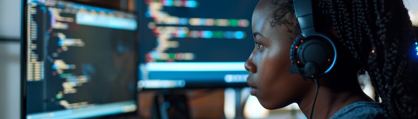 Female programmer working late at multi-monitor workstation