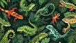 Reptiles and amphibians seamless pattern, deep jungle green background, striking cover for a herpetology magazine, top view