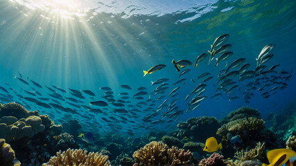 Underwater view of a school of fish swimming in the red sea