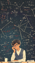 Sticker - Precocious Young Mathematician Solving Complex Cosmic Equations on Chalkboard