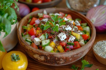 Sticker - Salad with raw vegetables cheese and flax seeds on table Focus on dish