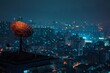 Satellite dish on urban building at night