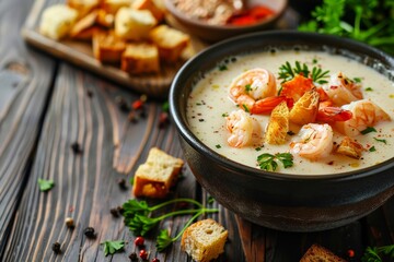 Poster - Shrimp and crouton vegetable soup in bowl on wooden background with space for text