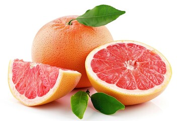 Wall Mural - Single pink grapefruit with leaf and slice on white background