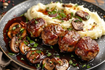 Poster - Slavink meatballs of beef and pork wrapped in bacon with mashed potatoes and mushrooms on the table