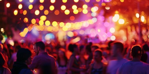 Crowd at a festival with vibrant bokeh lights, capturing the atmosphere of celebration and joy.