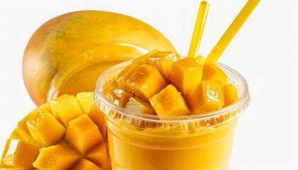 Wall Mural - Smoothie made with fresh ripe organic yellow mango blended with honey and garnished with a straw in a plastic cup Popular worldwide especially as a refreshing s