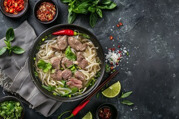 Wall Mural - Vietnamese Pho Bo soup with rice noodles beef and herbs on dark background