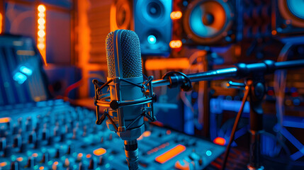 Close up of microphone in recording studio with sound board and equipment