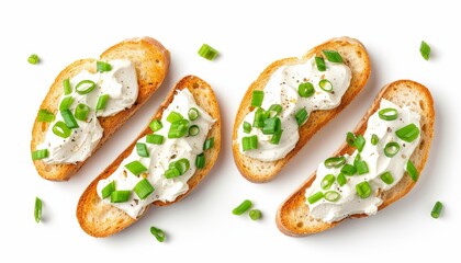 Wall Mural - White background top view of bread with cream cheese and green onions