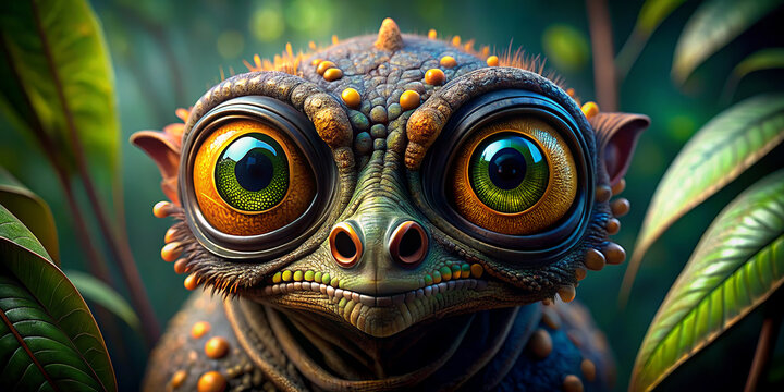 A capricious creature with large,expressive eyes and a scaly texture emerges from the lush green leaves.Its inquisitive gaze,coupled with a slight grin,gives it friendly yet mischievous appearance.AI