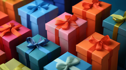 Wall Mural - Colorful gift boxes with bows on a blue background, birthday gifts for men and women-Enhanced-SR