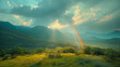 Rainbow, the time when the rain stops falling. Wide angle view of mountains, sunlight, and clouds.