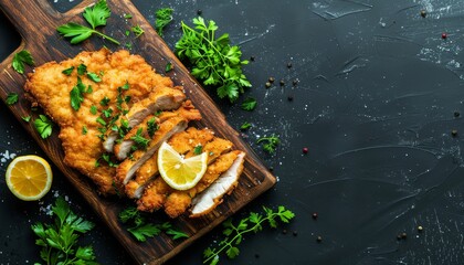 Wall Mural - Wooden board with herbs fried sliced weiner schnitzel