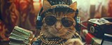 Fototapeta  - Consider the winning concept of a hipster cat dressed as a wealthy gangster boss, complete with sunglasses, hat, headphones, gold chain, and stacks of money dollars How can this character embody a sen