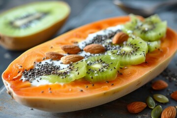 Canvas Print - Yogurt papaya boat topped with kiwi chia seeds almonds Healthy vegan dish