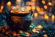Enchanted Cauldron Overflowing with Gold Coins in Mystical Setting
