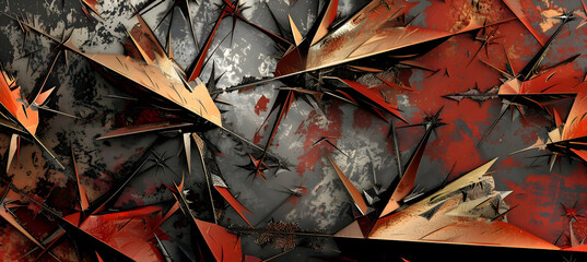 Wall Mural - Capture an HD image of a geometric abstract art with sharp, jagged lines forming an aggressive pattern, featuring a bold color scheme of crimson, gold, and charcoal, mimicking.