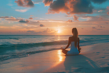 back view of woman doing yoga at summer beach