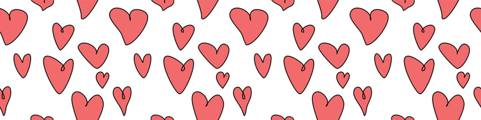 Wall Mural - Seamless abstract pattern of different red contour hearts. Hand drawn doodle background, texture for textile, wrapping paper, Valentines day, romantic design