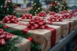 Festive Christmas Gifts on Conveyor Belt in Factory with Sparkling Decor