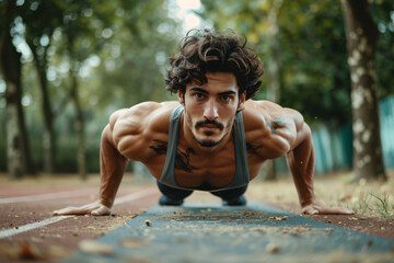 Wall Mural - handsome man doing push ups in summer park