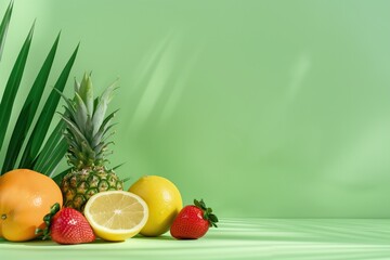 Wall Mural - Vibrant display of fresh summer fruits against green background