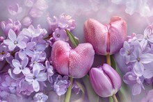 Lilac Flowers With Tulips With Two Hearts