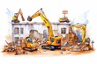 An illustration of a construction site with a yellow excavator tearing down a building