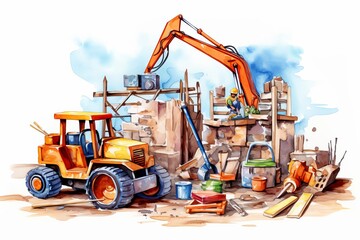 A watercolor painting of a construction site. In the background, a backhoe is digging a hole. In the foreground, a worker is mixing cement.