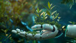Green Technology and Business concept, Technology and Futuristic Ethic Business Concept, Robot holding a plant, Anti-global warming economy. The robot demonstrates the company's environmental policy.