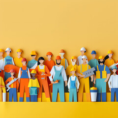 Colorful paper construction workers holding tools standing in a row in a flat lay banner design for International Day of Peace and Workers Day concept