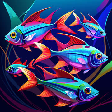 Group of neon tetra fish, glinting under studio lighting, acrylic painting, vibrant color, against a dark aquatic background, mid-angle shot