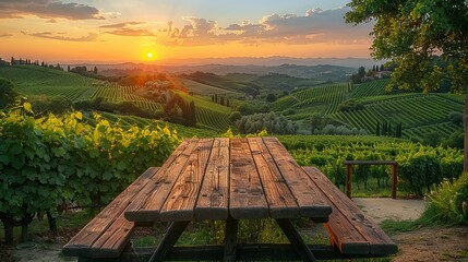 An empty wooden table for product display. Blurred vineyard in the background