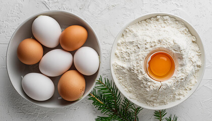 Wall Mural - Wheat flour and chicken eggs on light cooking background. Culinary and baking concept. Flat lay.