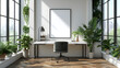 © kengz - minimalist style office space morningday with white grey walls,one chandelier,green plants with Interior Mockup with one white photo frame in the background