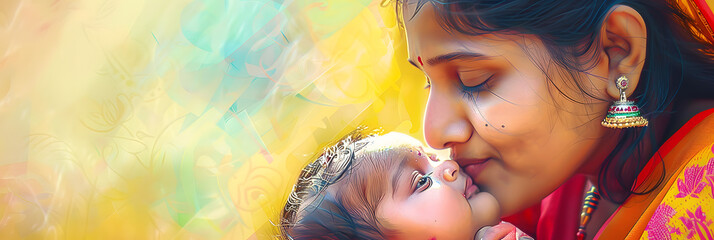 Wall Mural - south indian young woman playing and kissing her baby