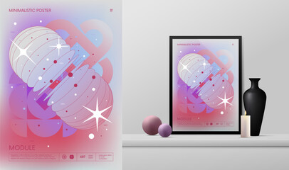 Fototapete - Vector gradient minimalistic rave Poster with strange wireframes graphic of geometrical shapes Y2K design inspired by brutalism and mockup in the interior, Dynamic oval with blend effect pastel color